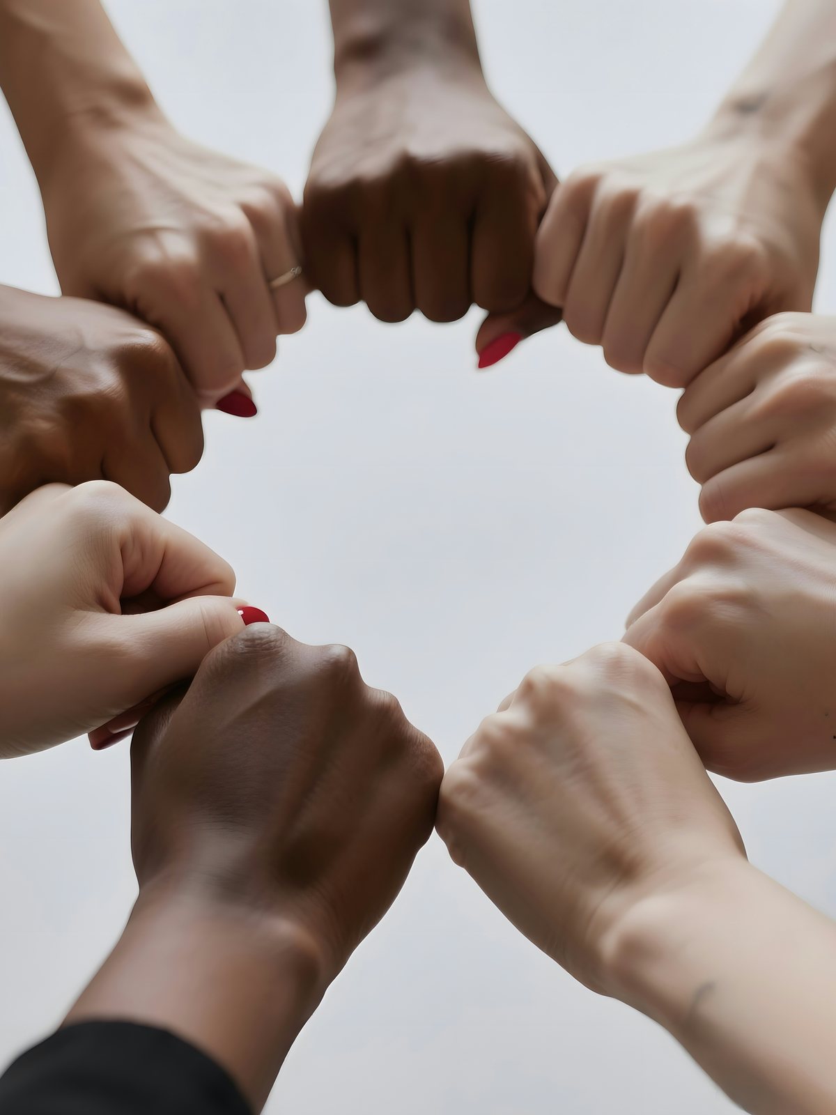 Hands of people with diverse skin tones joined fist to fist in a circle